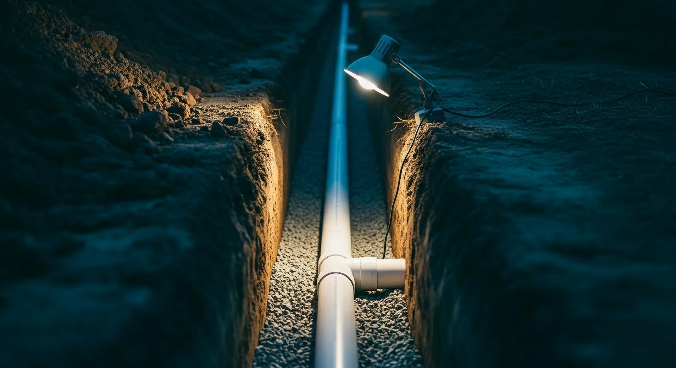 Excavated trench at dusk with new drainage pipe laid to fall on a gravel bed, lit by a single work lamp